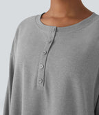 Sweatshirt Casual Waffle à Boutons Devant avec Trou Pouce et Fente