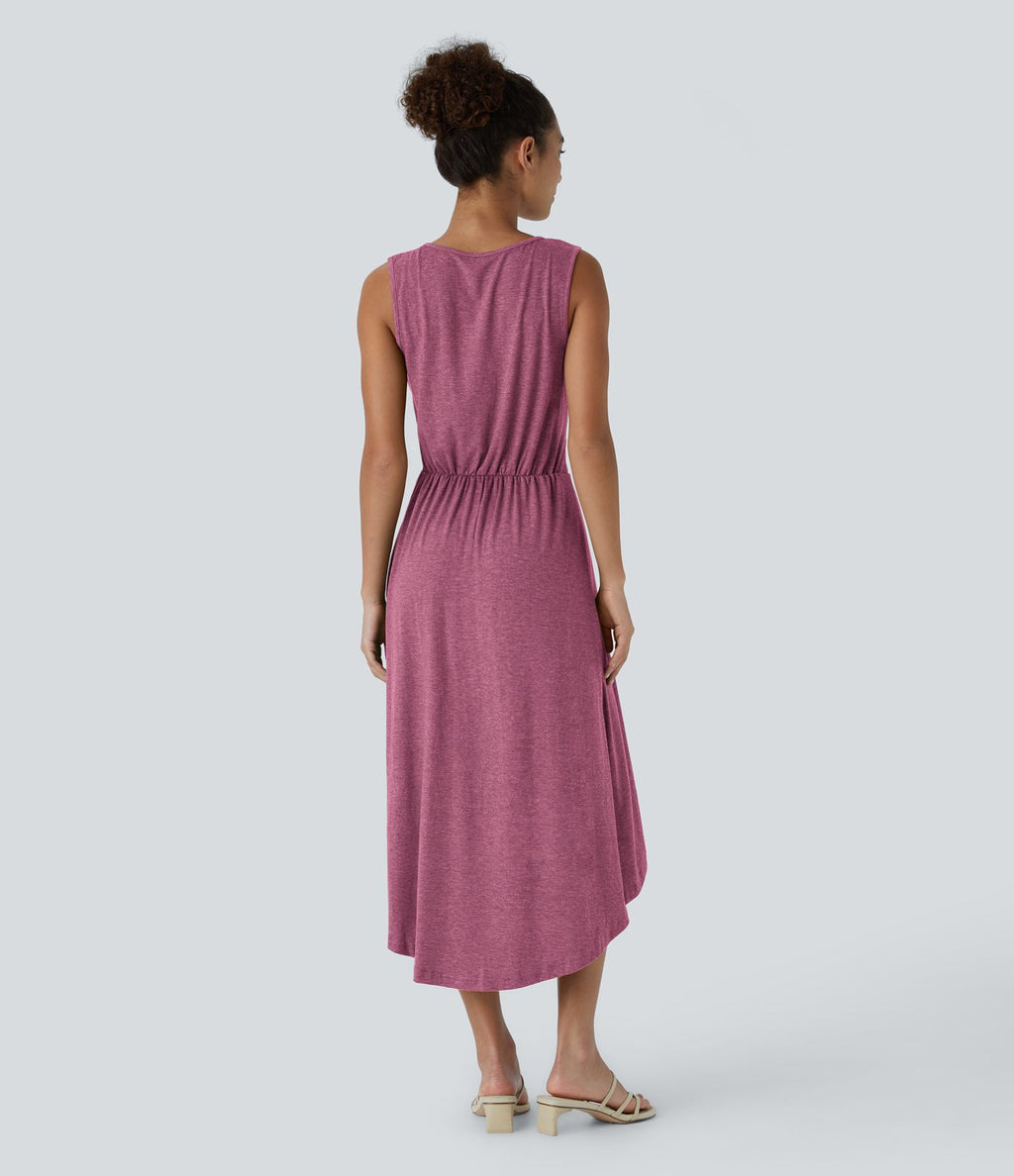 Robe Mi-Longue Plissée Décolleté Plongeant Sans Manches Haut Bas Ourlet Croisé