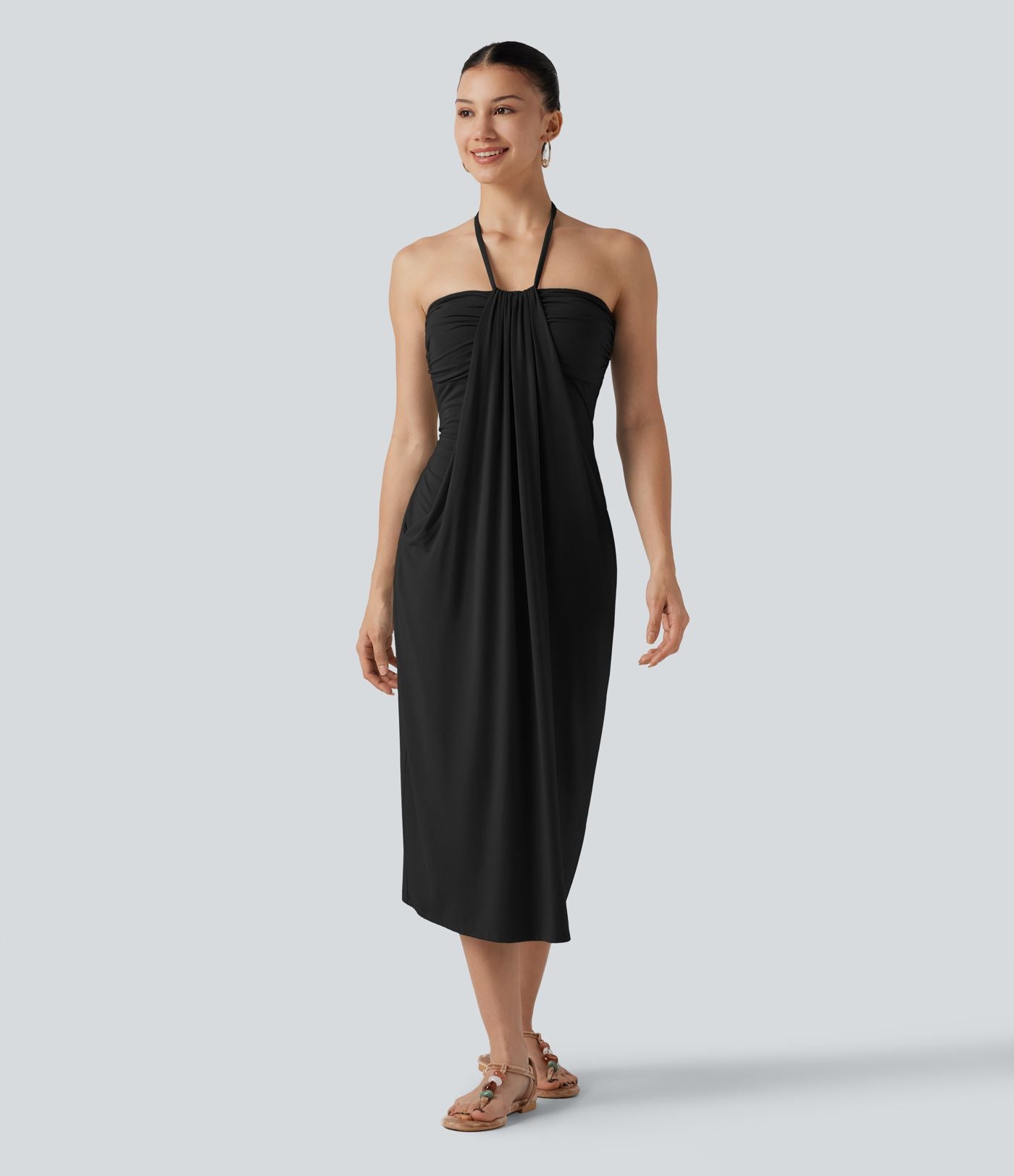 Robe midi de plage à col halter avec brassière intégrée, lien noué au dos et poches
