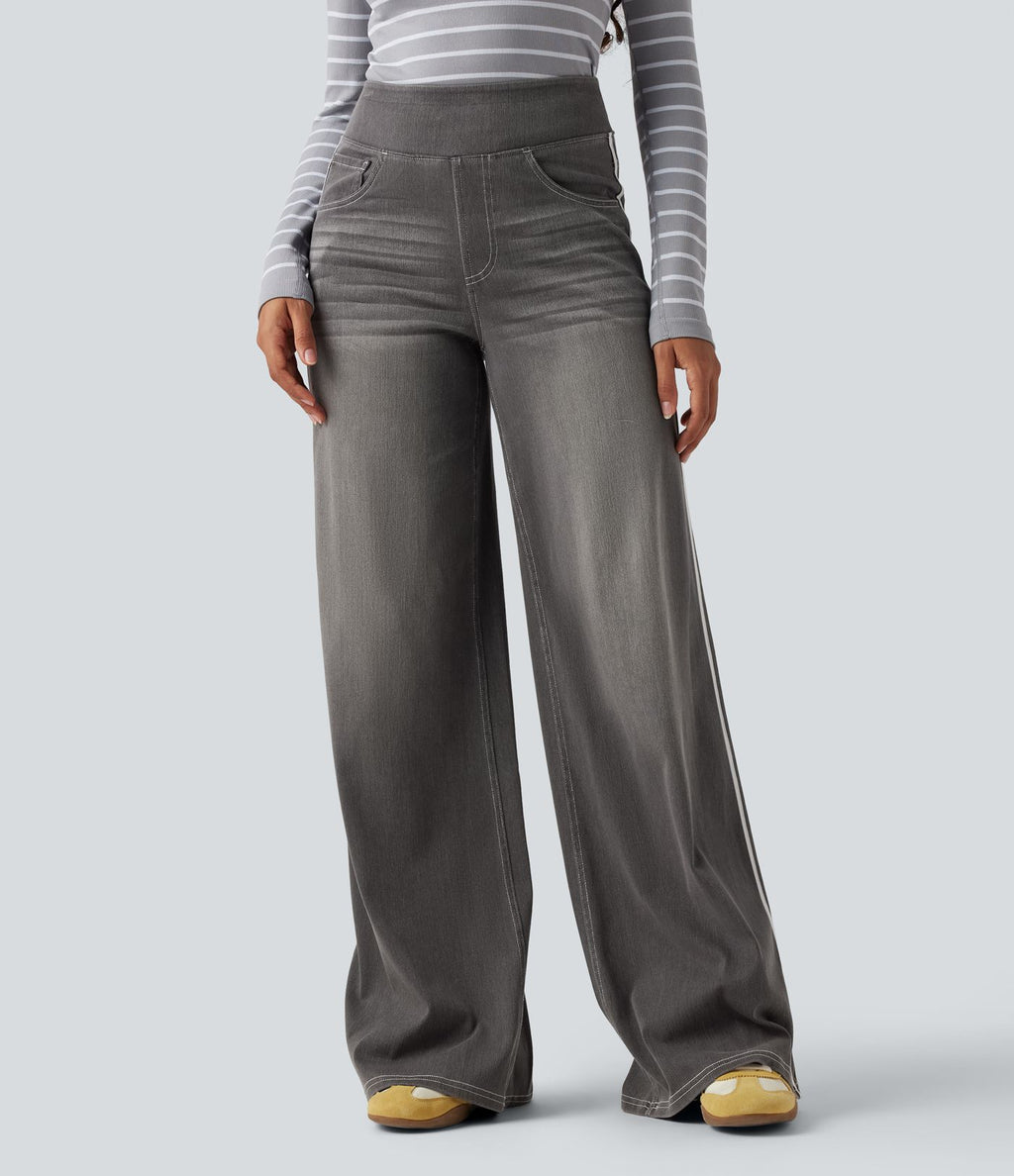 Halara Flex™ Jean large fluide délavé taille haute à rayures avec poches