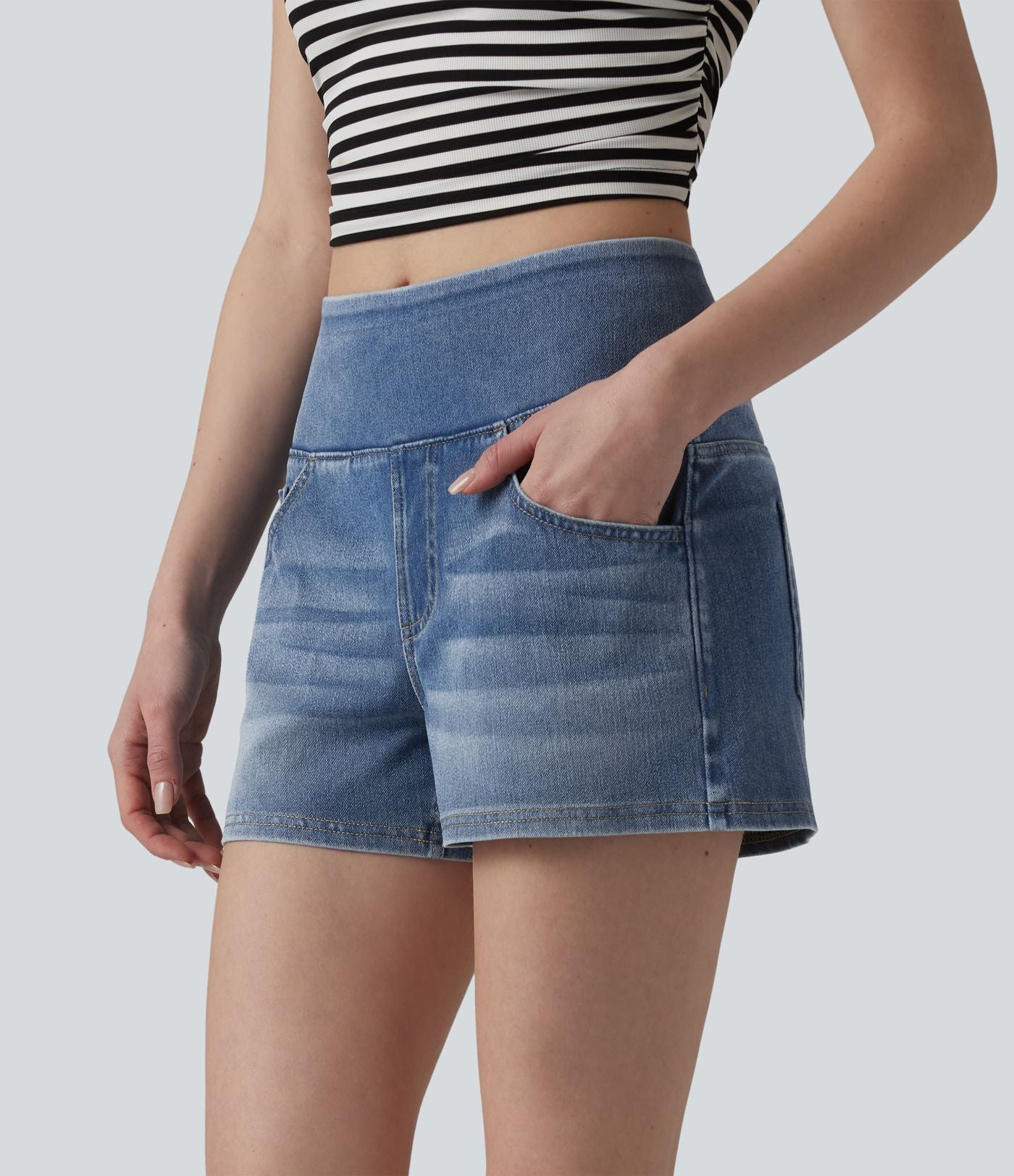 Halara Flex™ Short décontracté en denim lyocell délavé taille mi-haute drapé 9 cm avec poches