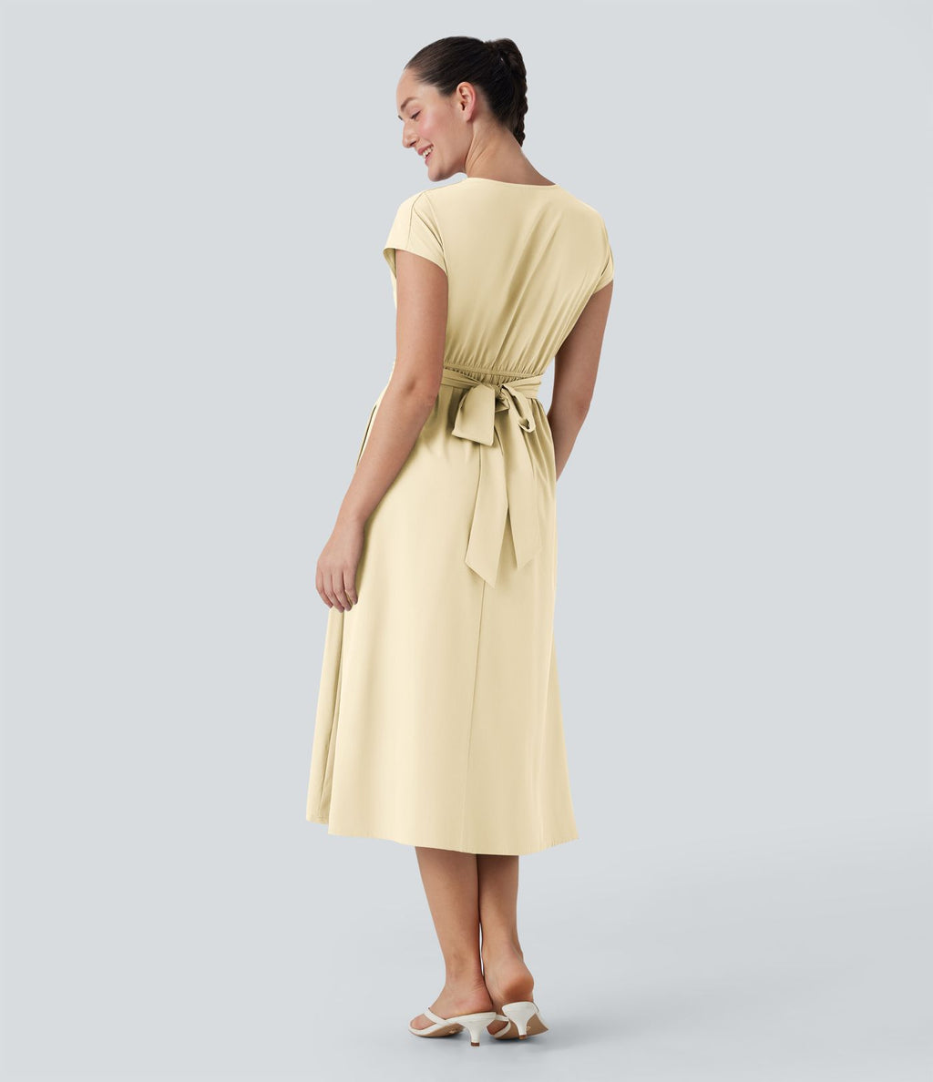 Robe midi Breezeful™ col V manches courtes à liens dans le dos séchage rapide avec poches latérales