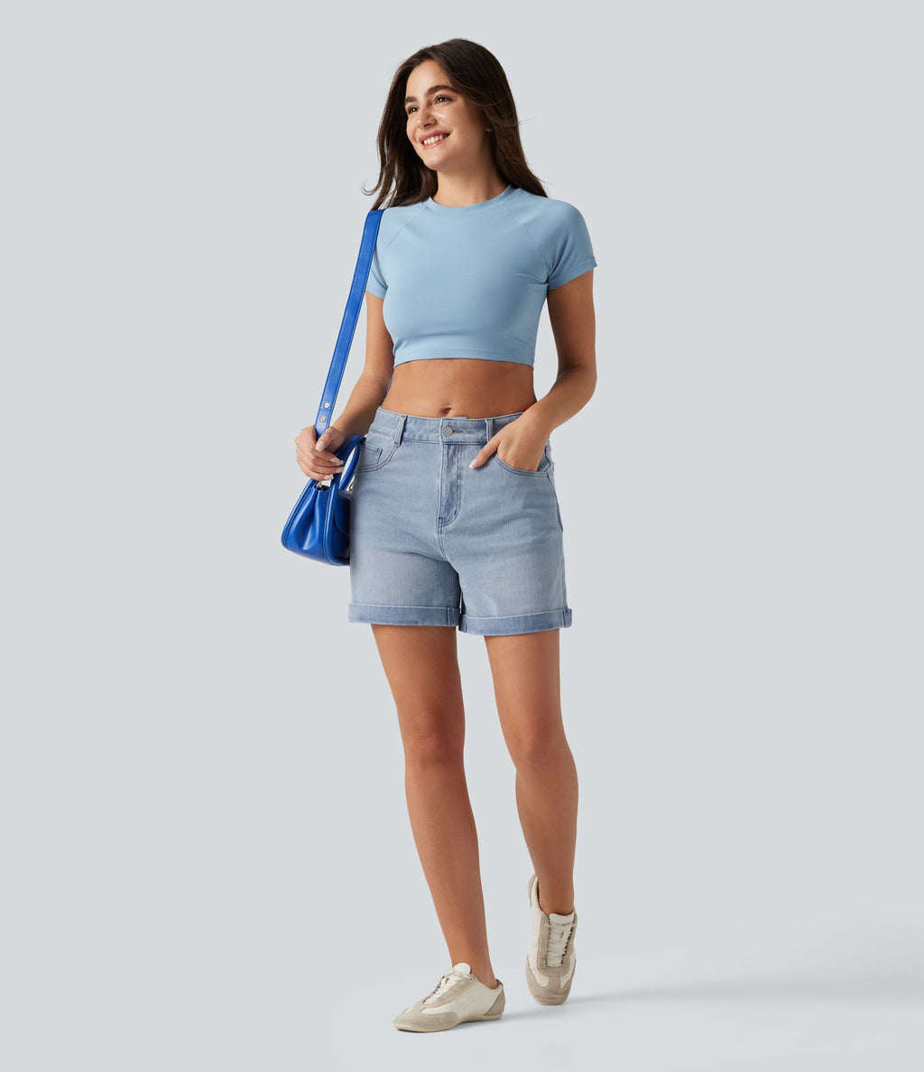 Halara Flex™ Short en denim taille mi-haute ourlet retroussé 12,5 cm avec poches