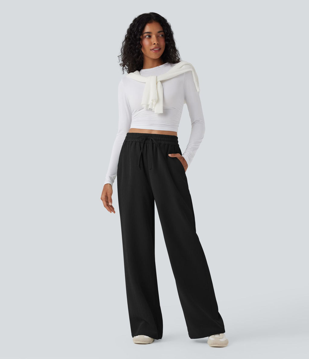 Pantalon décontracté jambe large taille haute avec cordon de serrage et poches