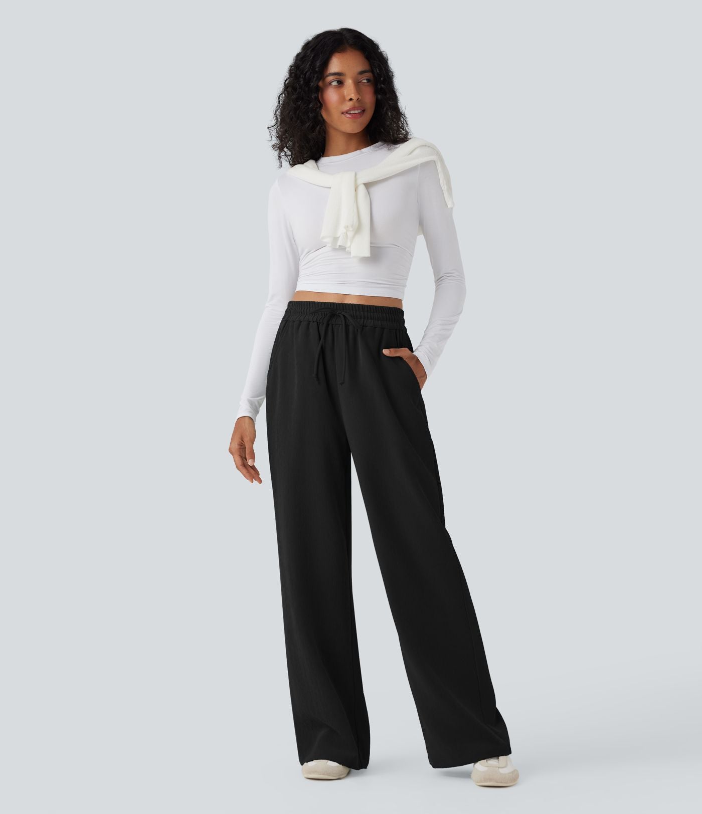 Pantalon décontracté jambe large taille haute avec cordon de serrage et poches