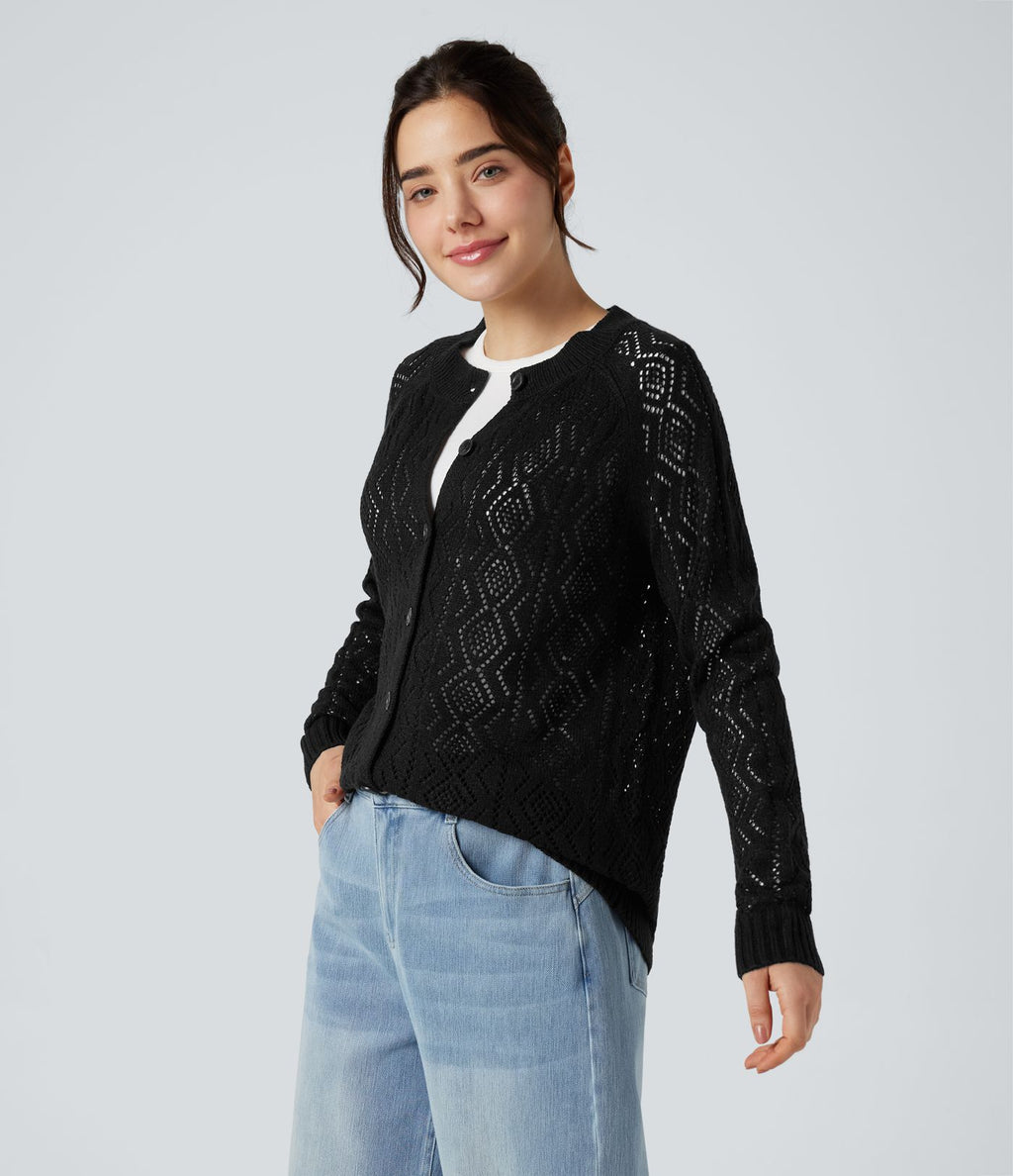Cardigan ajouré col rond manches longues avec boutons