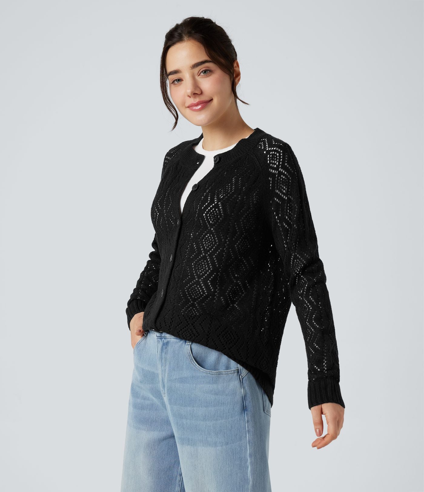 Cardigan ajouré col rond manches longues avec boutons