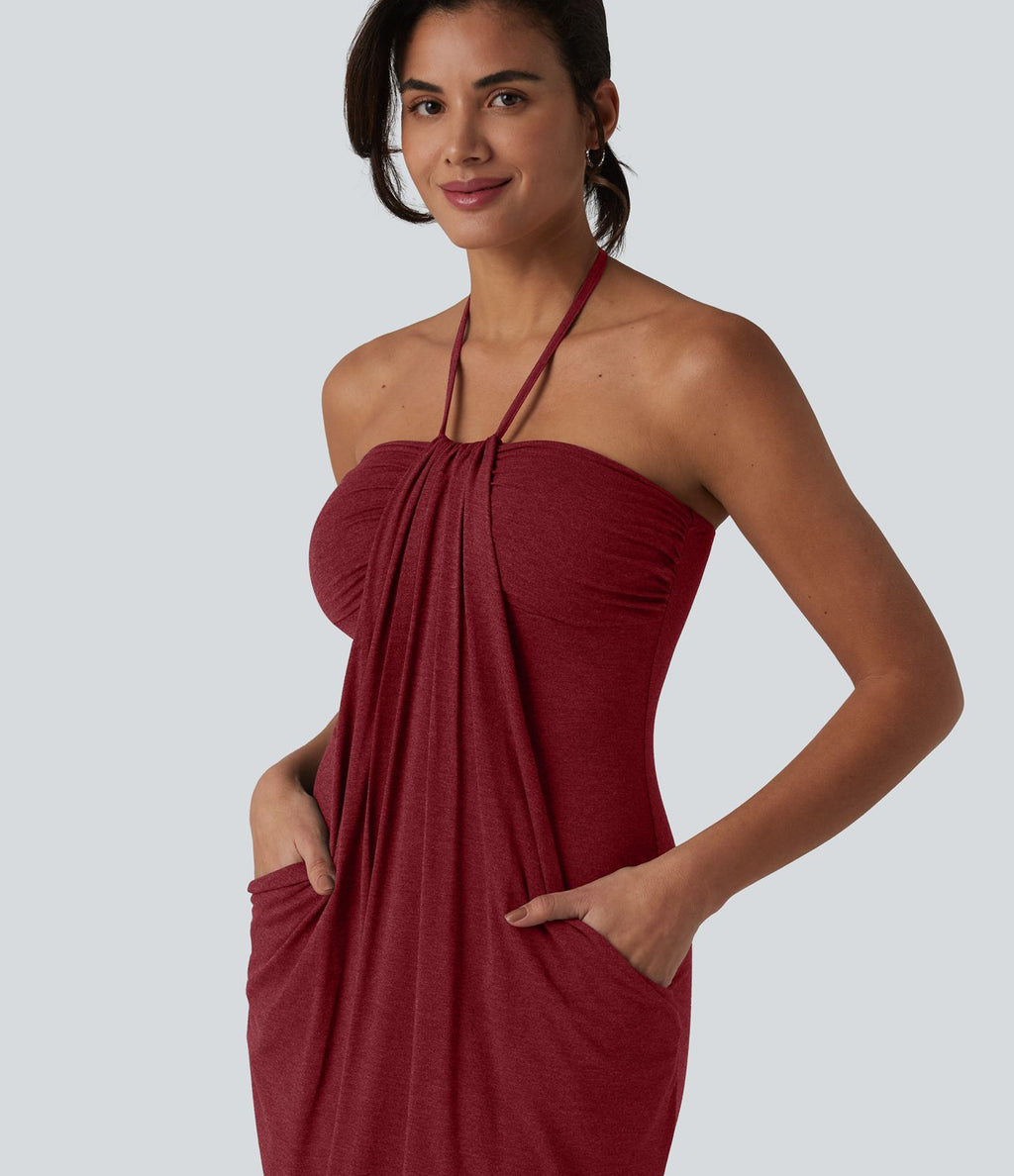 Robe resort mini dos nu à col licou avec lien noué dans le dos et poches