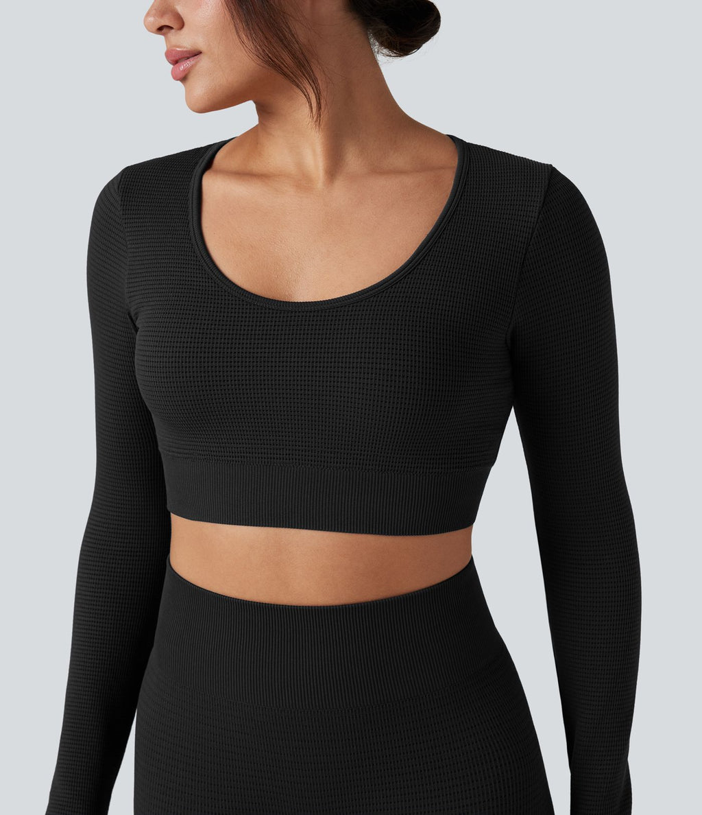 Haut de sport yoga court en maille gaufrée à manches longues sans couture OneForm Seamless Flow