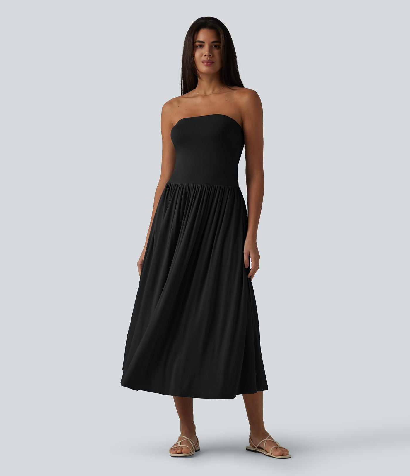 Robe midi casual bustier fluide avec détail froncé