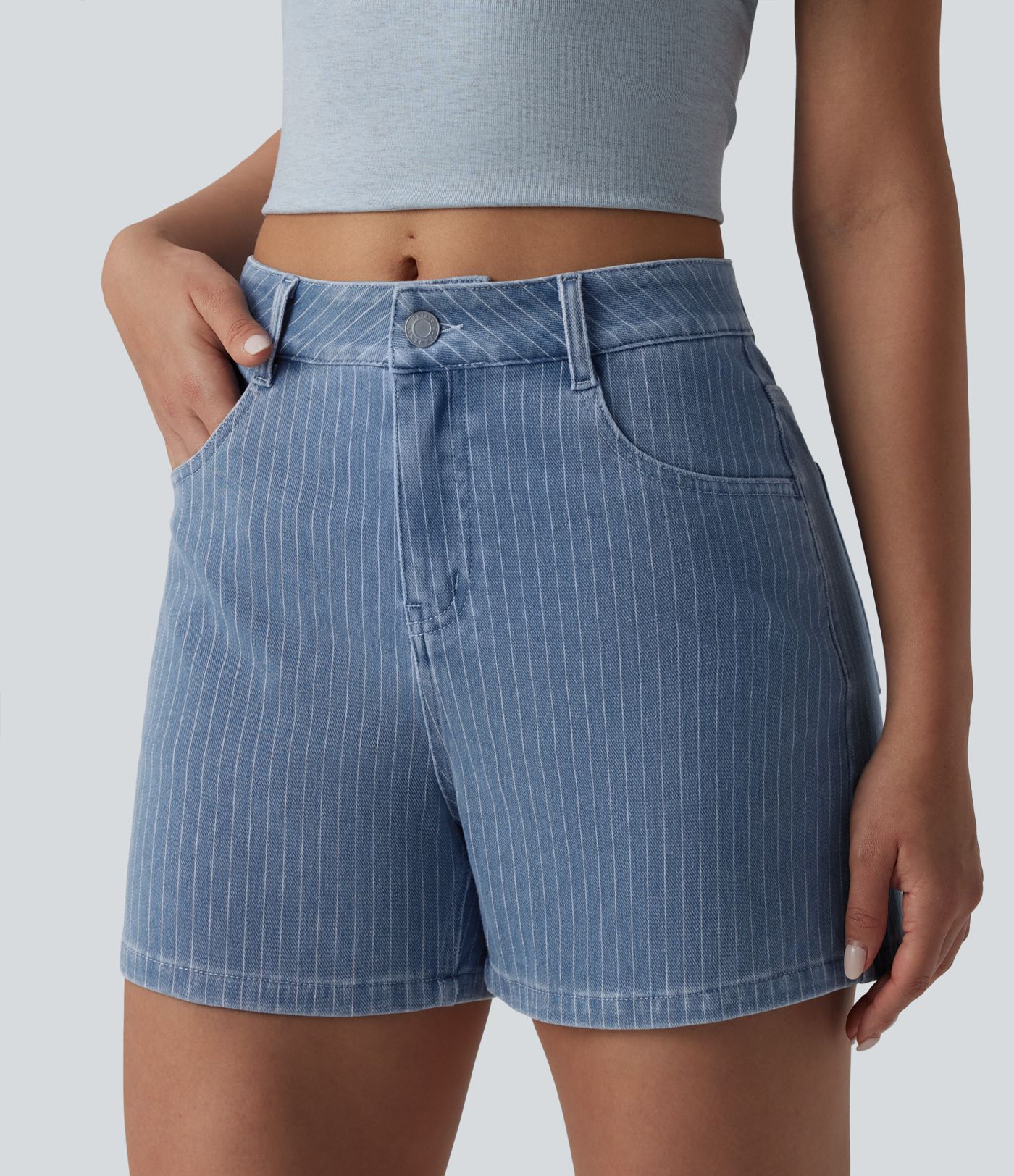 Short denim décontracté Halara Flex™ rayé taille mi-haute 10 cm avec poches