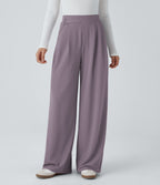 Pantalon taille haute décontracté large en maille gaufrée, avec poches