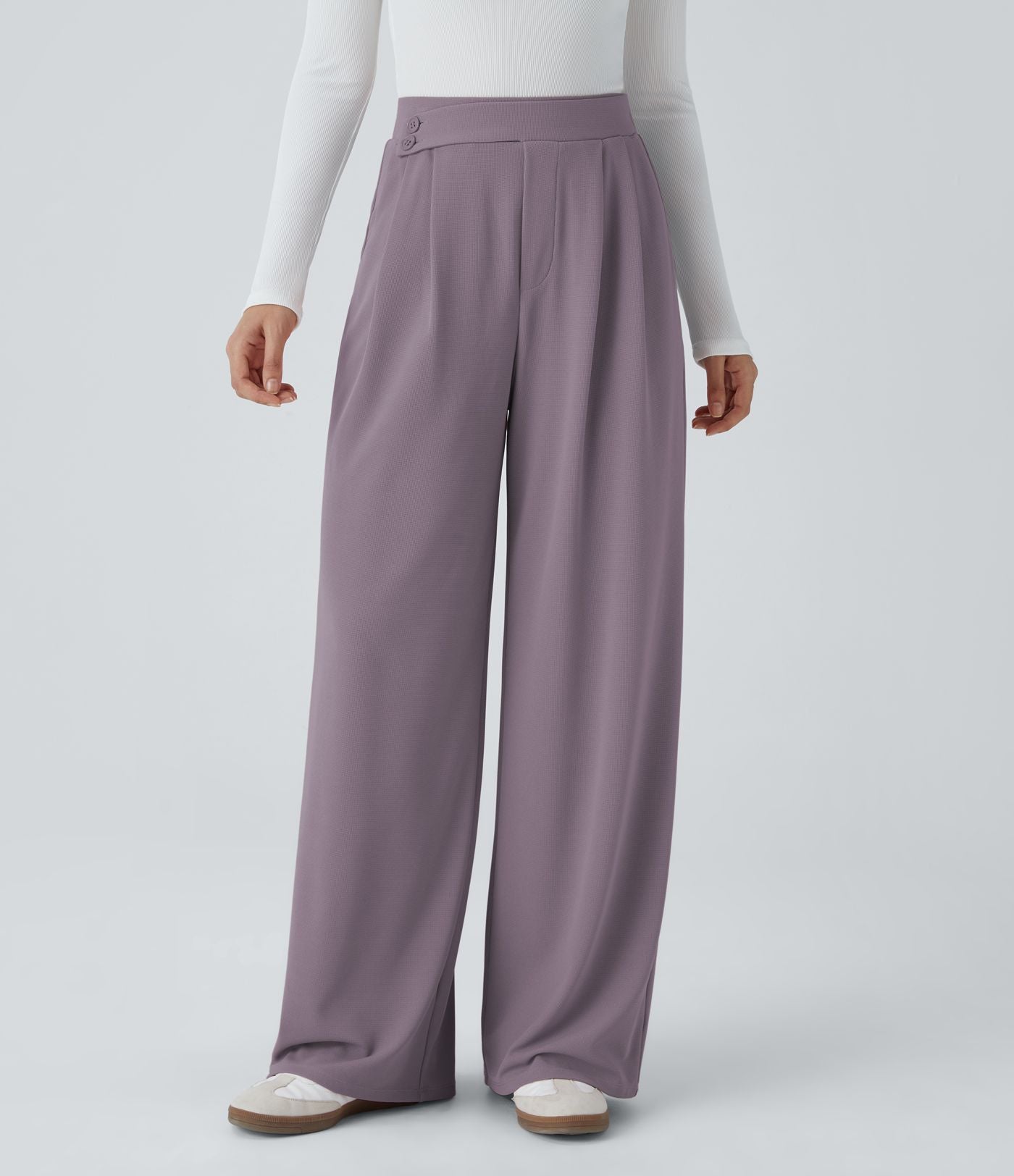 Pantalon taille haute décontracté large en maille gaufrée, avec poches