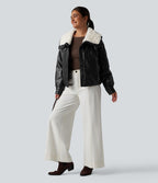 Veste casual en simili cuir à col en fausse fourrure et fermeture éclair avec poches
