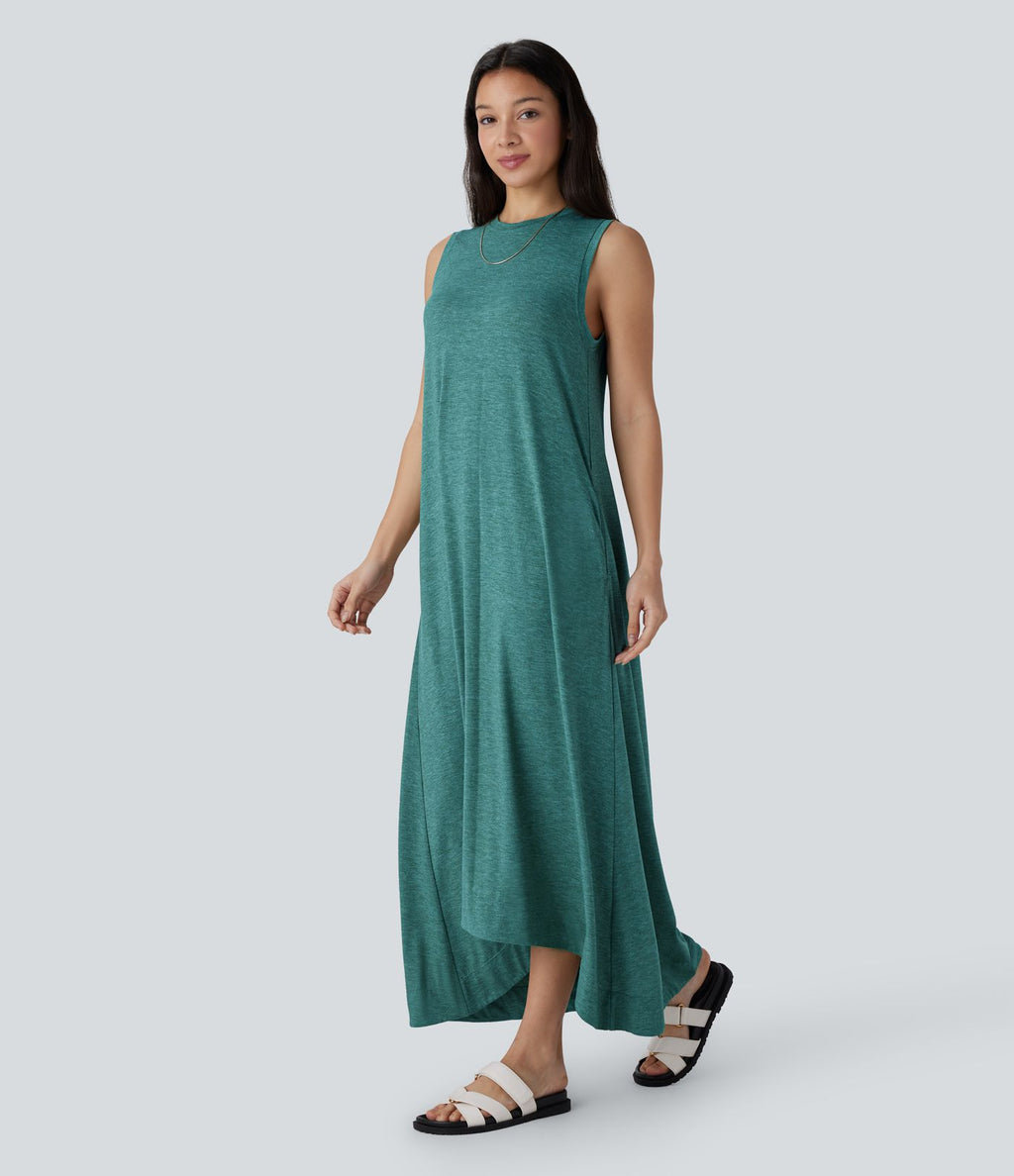 Robe longue décontractée fluide à col rond, sans manches, poches latérales et ourlet asymétrique