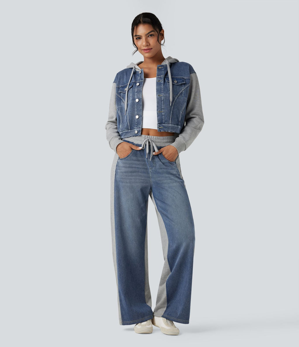 Veste en jean patchwork à capuche avec cordon de serrage et manches longues Halara Flex™