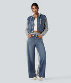 Veste en jean patchwork à capuche avec cordon de serrage et manches longues Halara Flex™