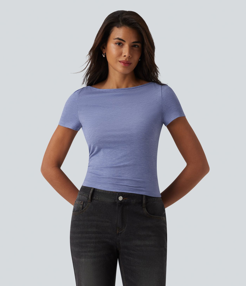 T-shirt décontracté col bateau manches courtes froncé