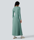 Robe longue évasée col Henley manches longues