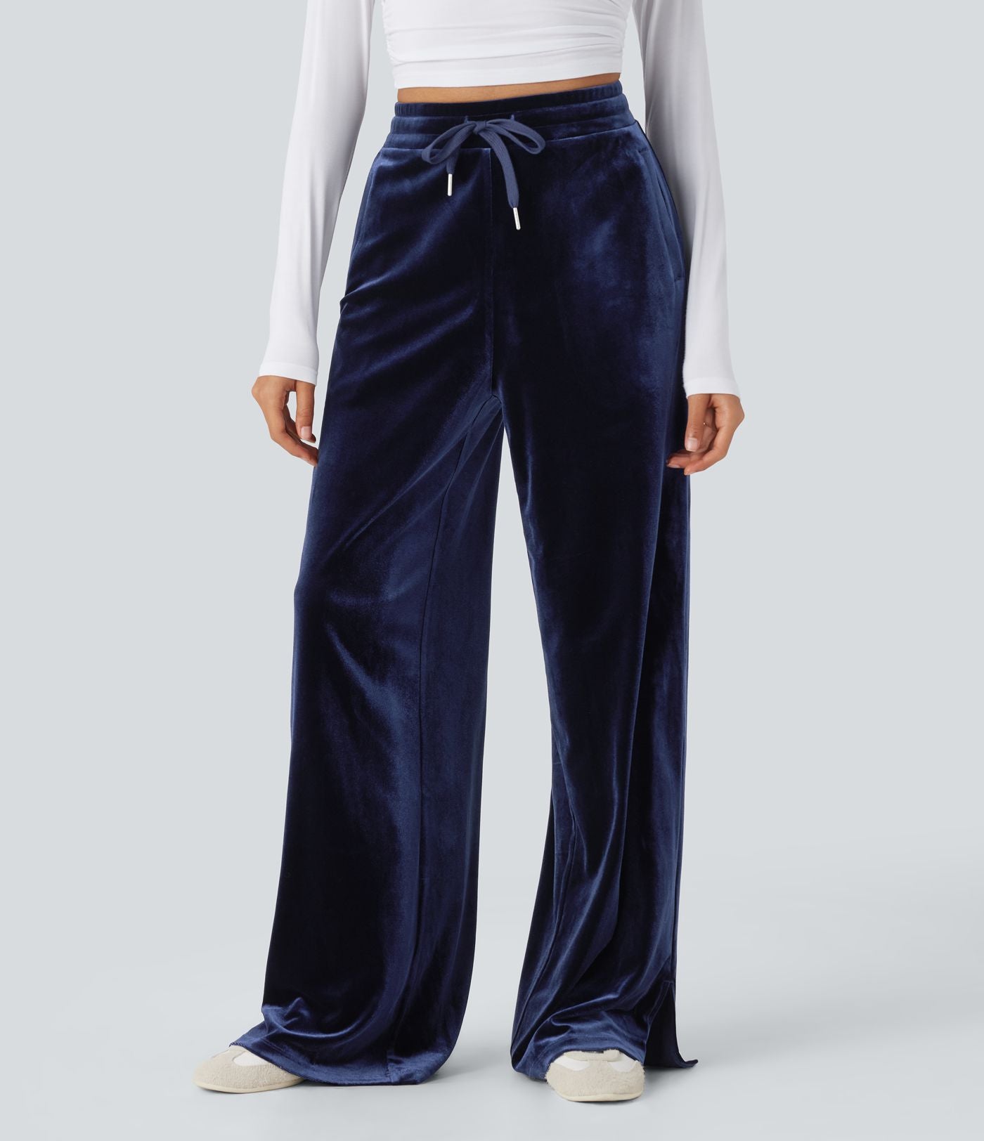 Pantalon décontracté large en velours, taille haute, avec cordon et poches