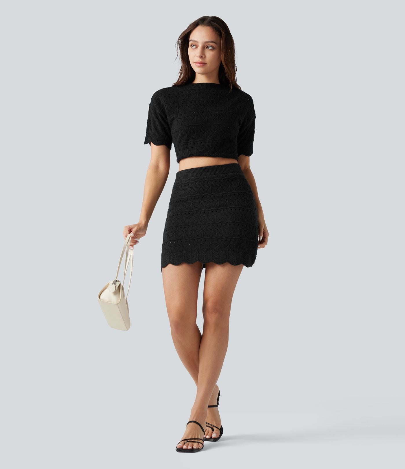 Jupe mini décontractée 2 en 1 taille haute en maille ajourée avec poches — longueur allongée