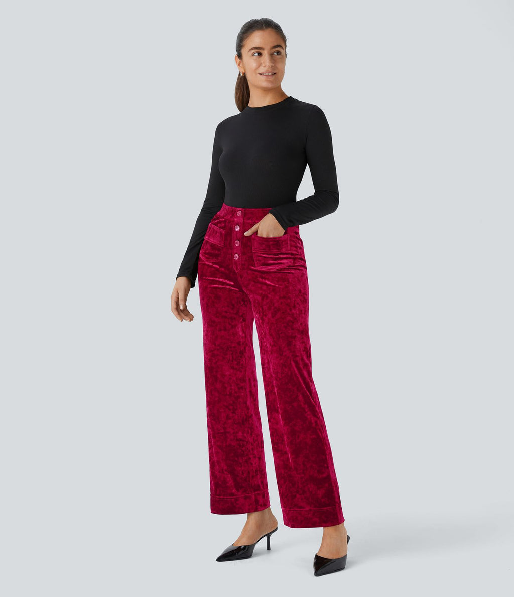 Pantalon en Velours Taille Haute avec Bouton Multipoches Droites