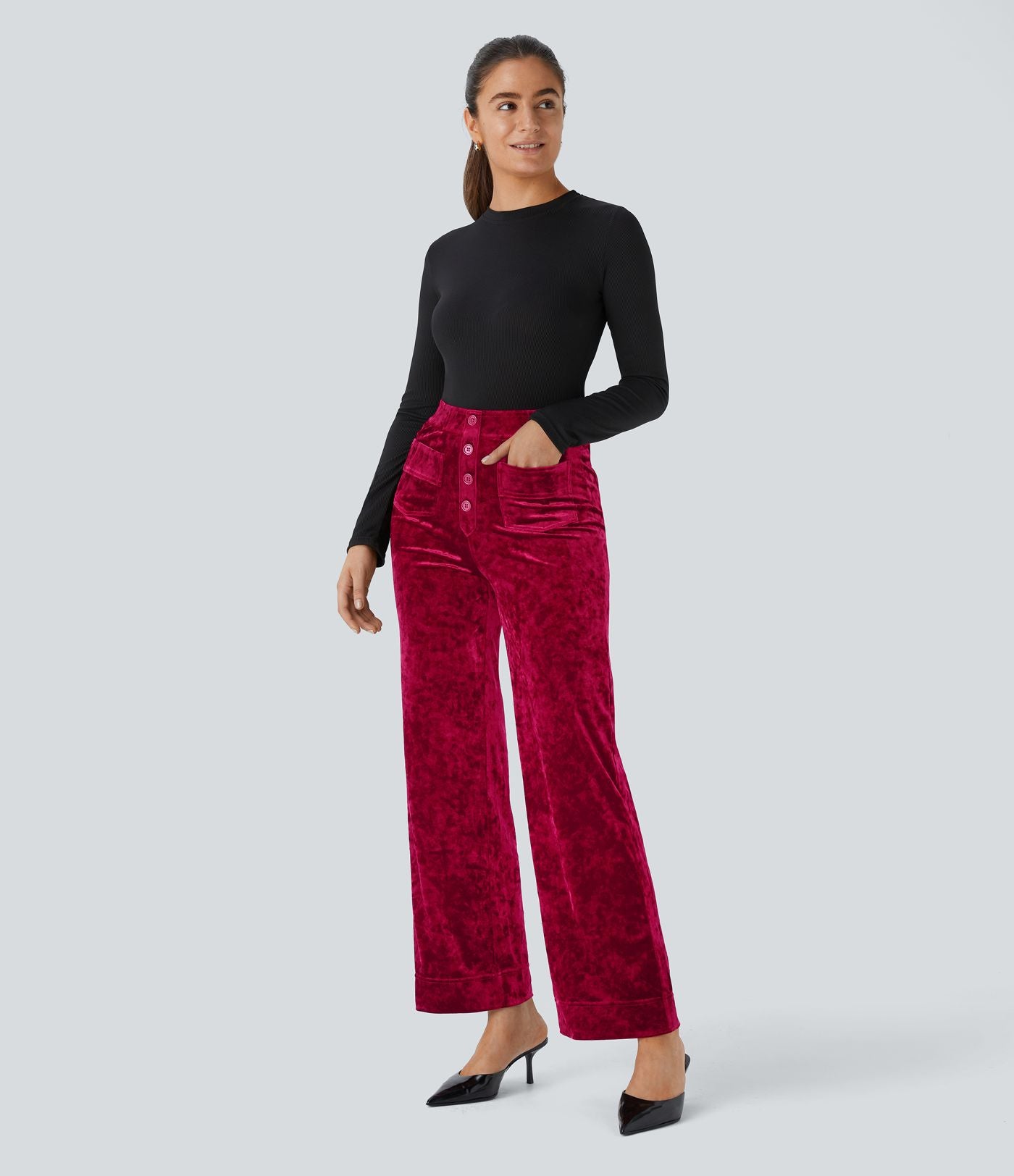 Pantalon en Velours Taille Haute avec Bouton Multipoches Droites