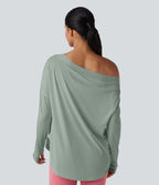 Top de sport yoga une épaule séchage rapide ourlet arrondi asymétrique manches longues avec trous pouces - Brassière intégrée
