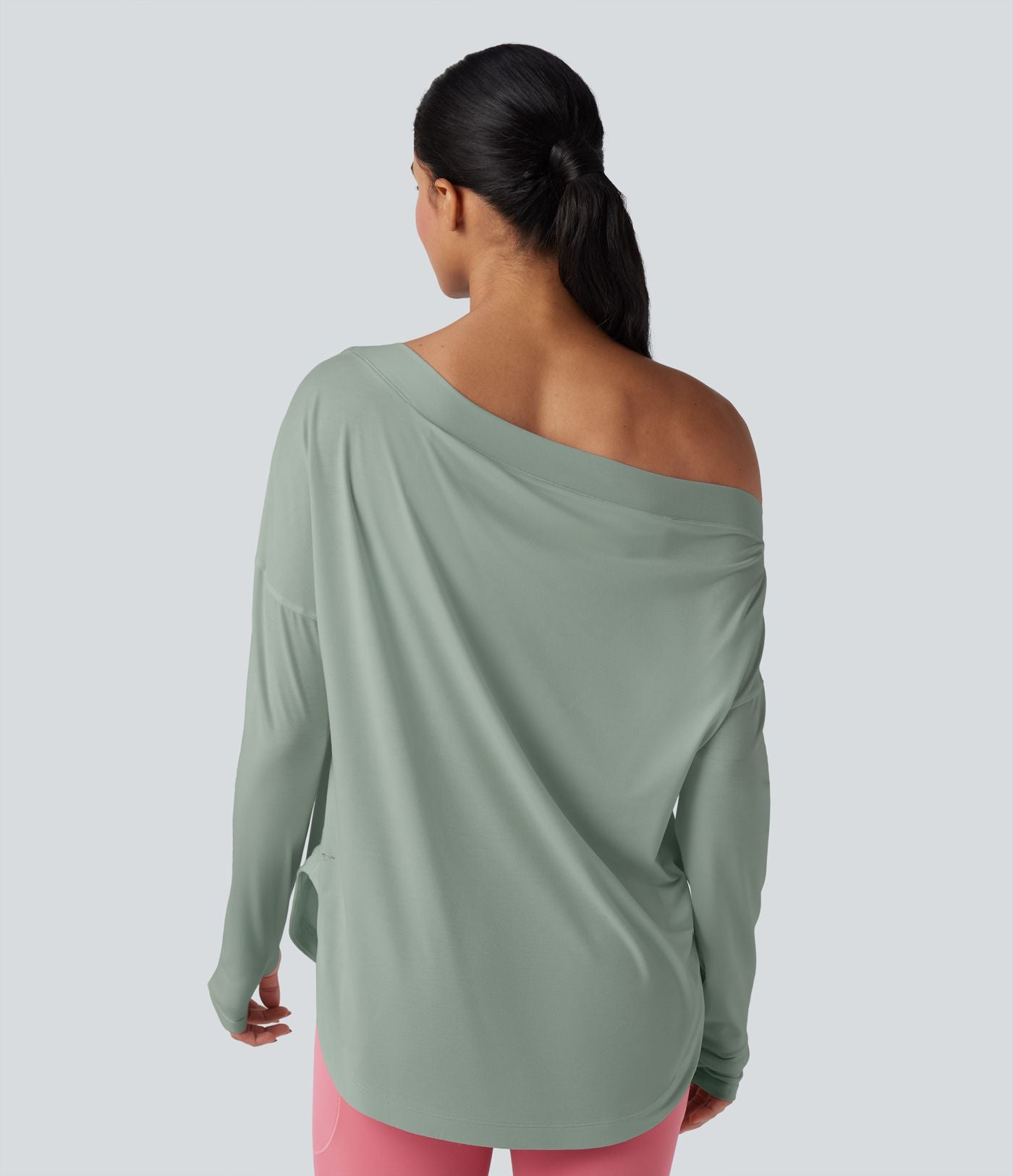 Top de sport yoga une épaule séchage rapide ourlet arrondi asymétrique manches longues avec trous pouces - Brassière intégrée