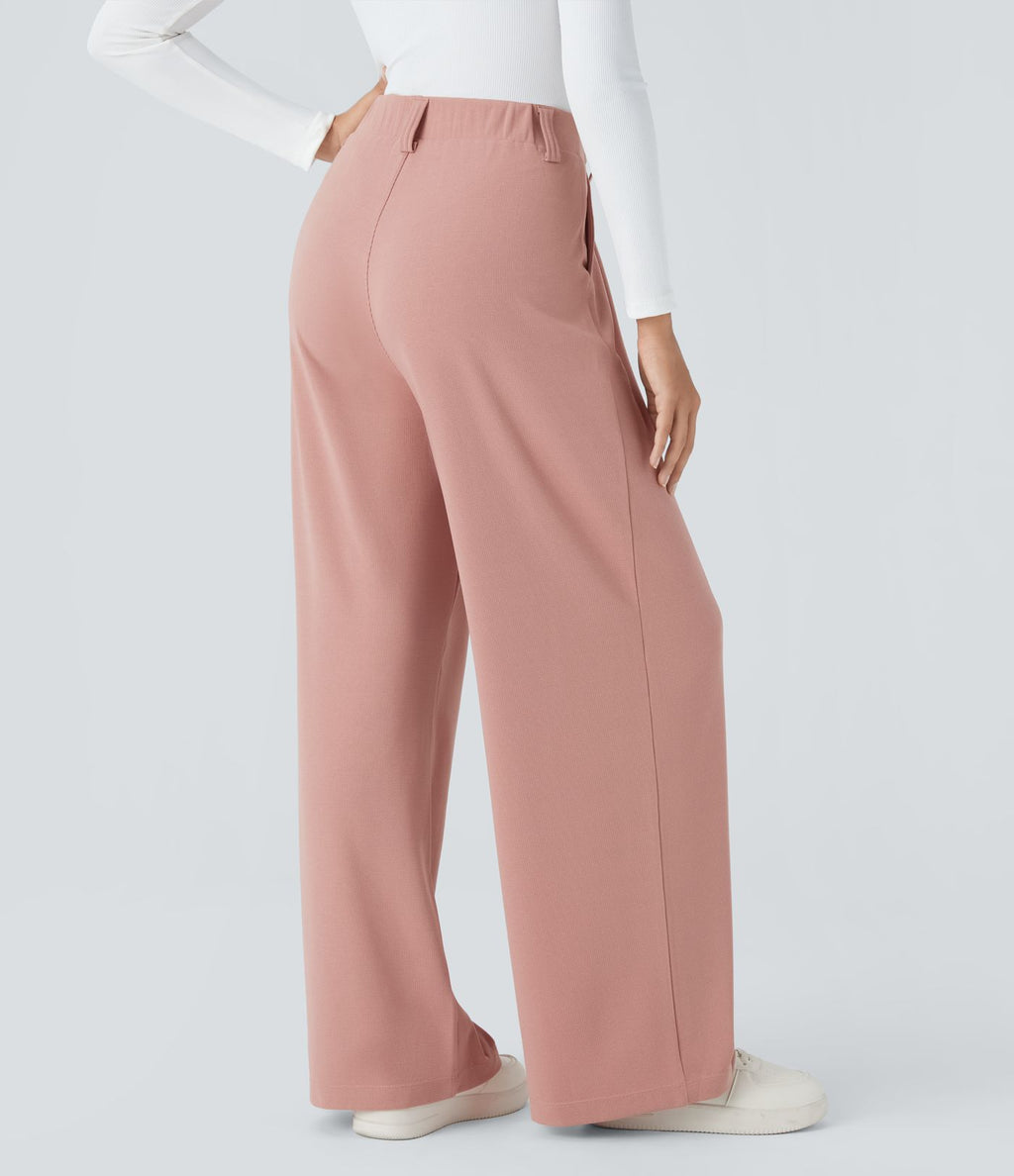 Halara Flex™ Pantalon Tailleur en tissu gaufré à taille haute, jambes larges, plis et poches latérales