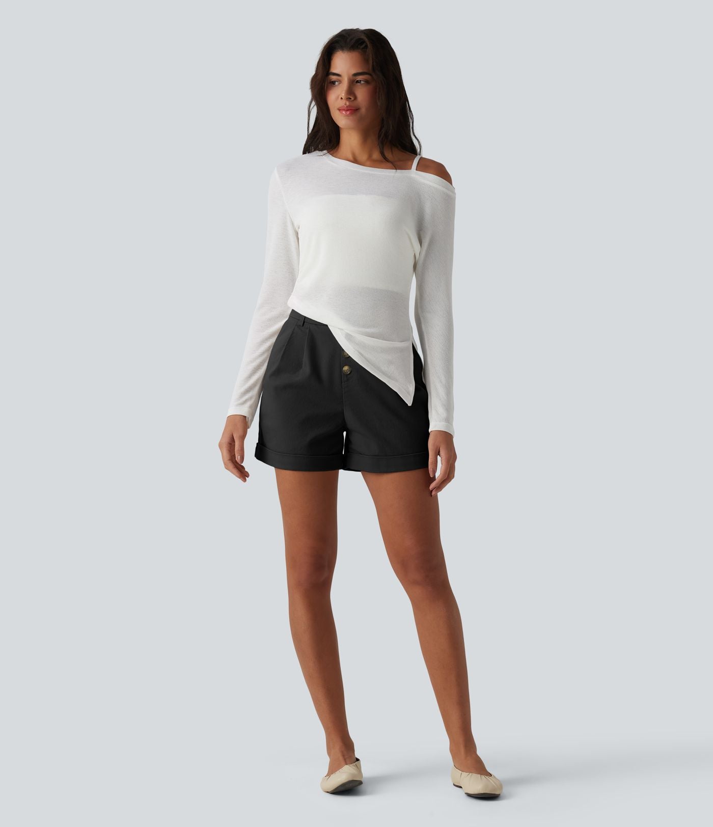 Short chino casual ample coton taille mi-haute à ourlet retroussé avec poches