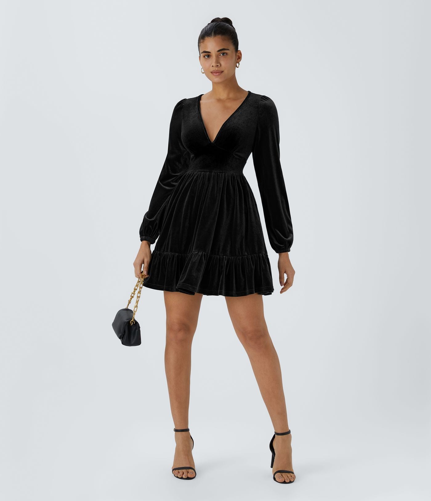 Quotidien Robe de Soirée Mini en Velours à Encolure en V Profond et Ourlet Volanté