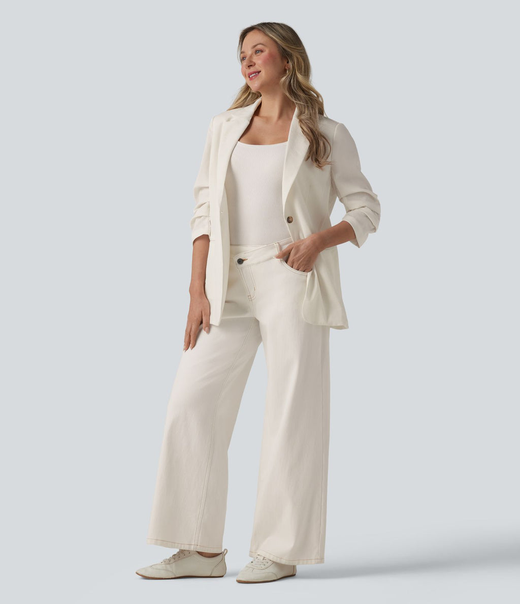 Blazer à manches 3/4 froncées, aspect lin, avec poches, idéal pour le bureau