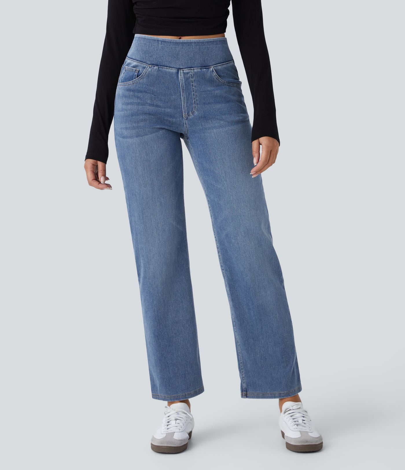 Jean décontracté Halara Flex™ taille haute, extensible, délavé, jambes droites avec poches multiples