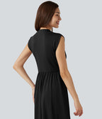 Robe midi fluide esprit bureau sans manches col V avec poches