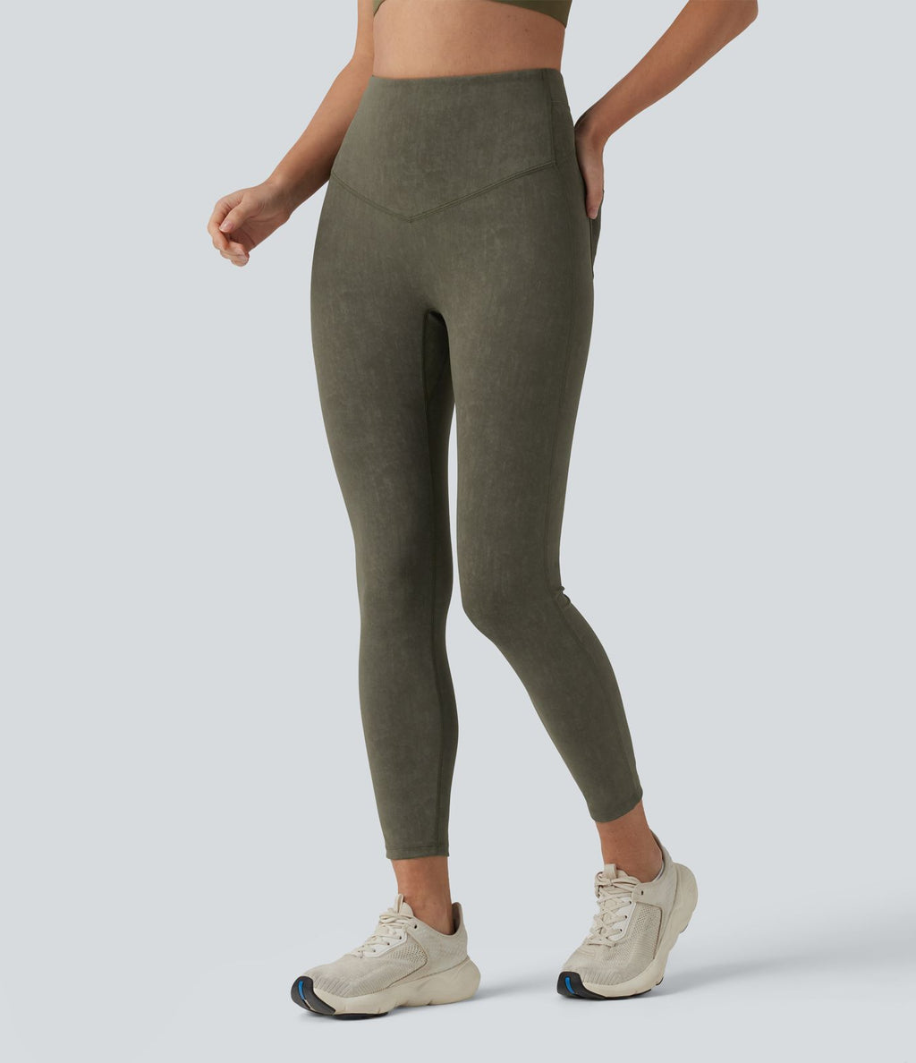 Legging de sport délavé effet ventre plat taille haute avec poches
