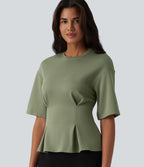 Blouse casual col rond taille cintrée à basque