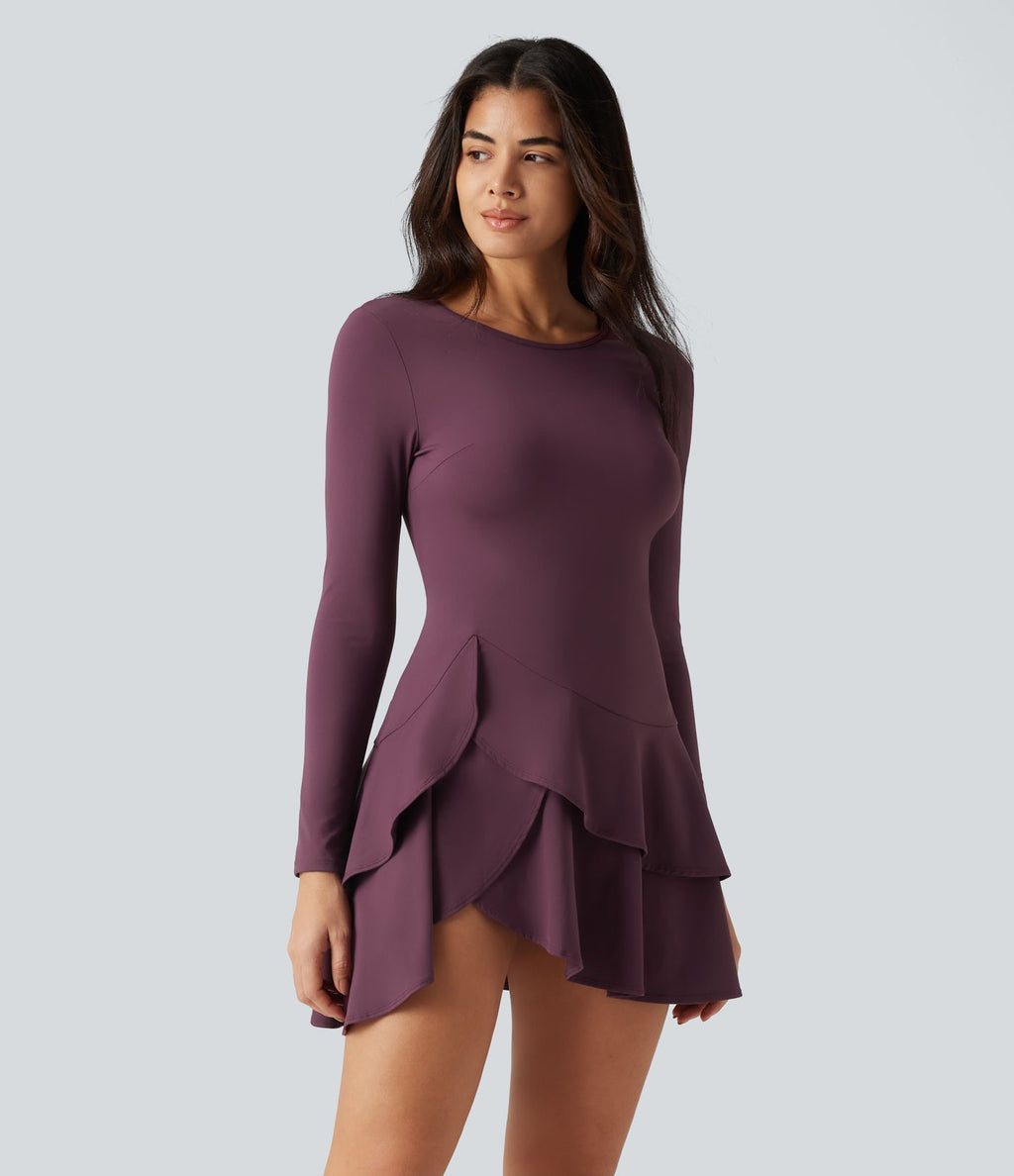 Robe mini SoftlyZero™ Airy effet frais InstantCool à manches longues, encolure arrondie et volants superposés