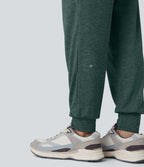 Jogging taille haute froncé chiné avec poches