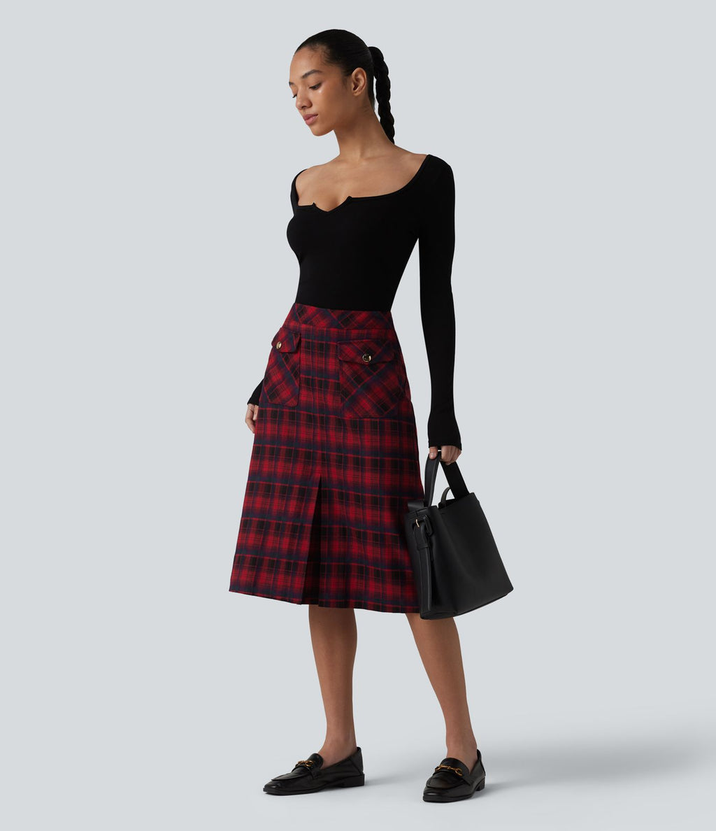 Jupe midi tailleur trapèze taille mi-haute à carreaux tartan, avec poches