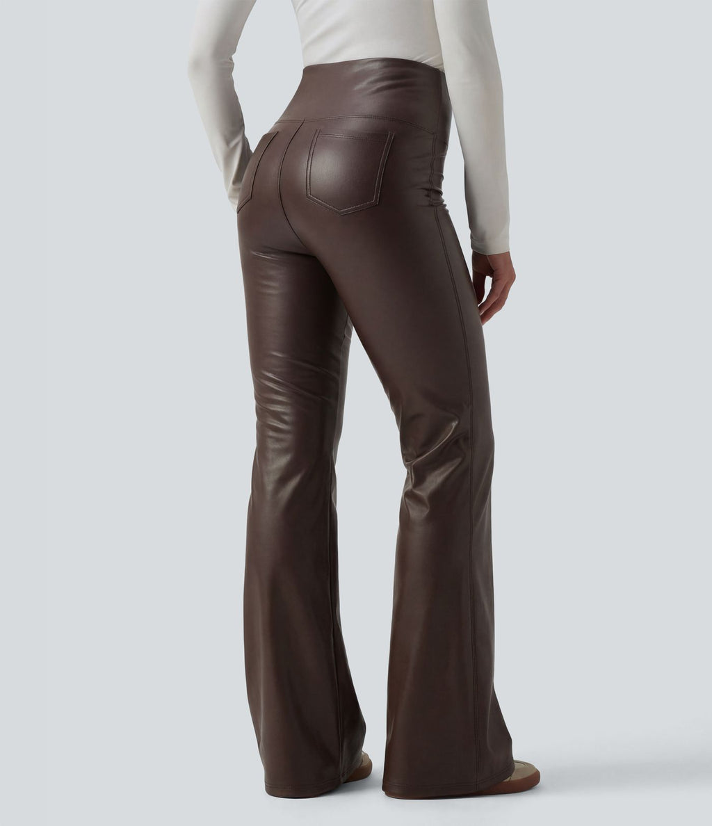 Pantalon évasé décontracté gainant taille haute extensible en molleton PU avec poches