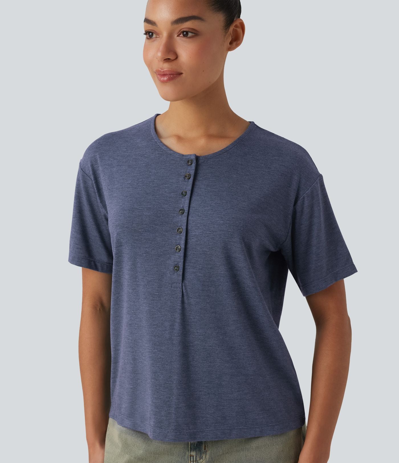 T-shirt casual ample chiné henley manches courtes