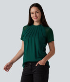 Blouse décontractée col rond manches raglan courtes avec empiècement en mesh contrasté