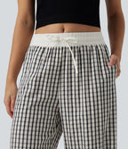Pantalon large décontracté à carreaux taille mi-haute avec cordon de serrage et poches