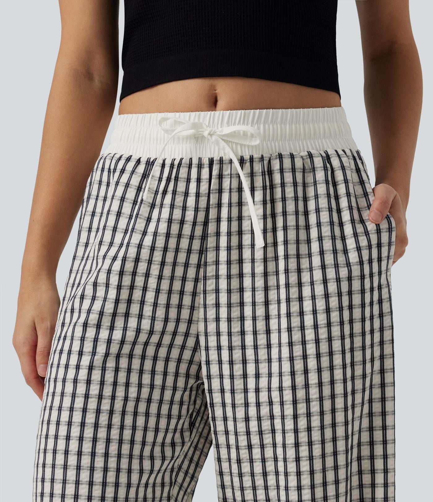 Pantalon large décontracté à carreaux taille mi-haute avec cordon de serrage et poches