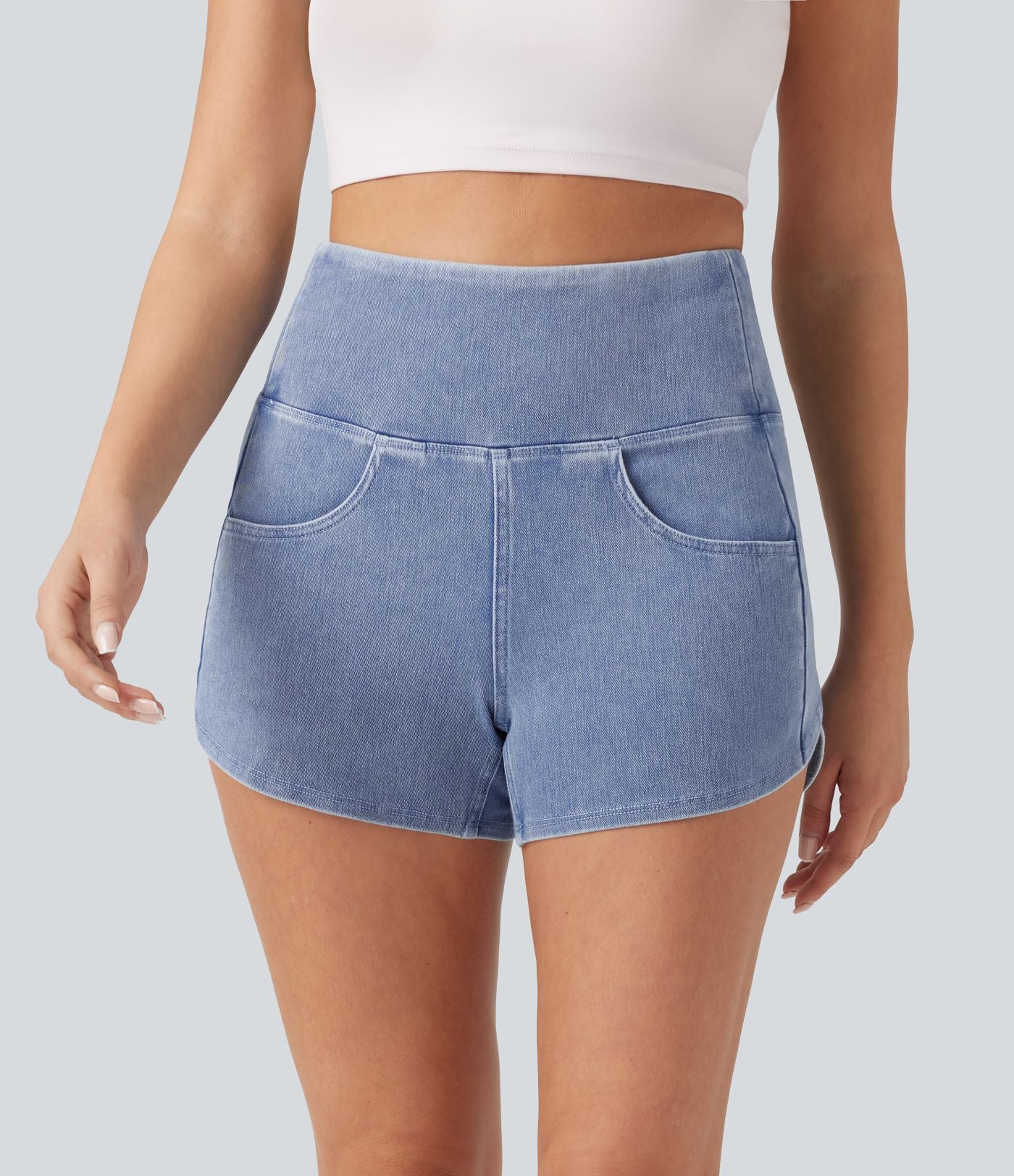 Halara Flex™ Short casual en jean skinny gainant taille haute à ourlet arrondi avec poches