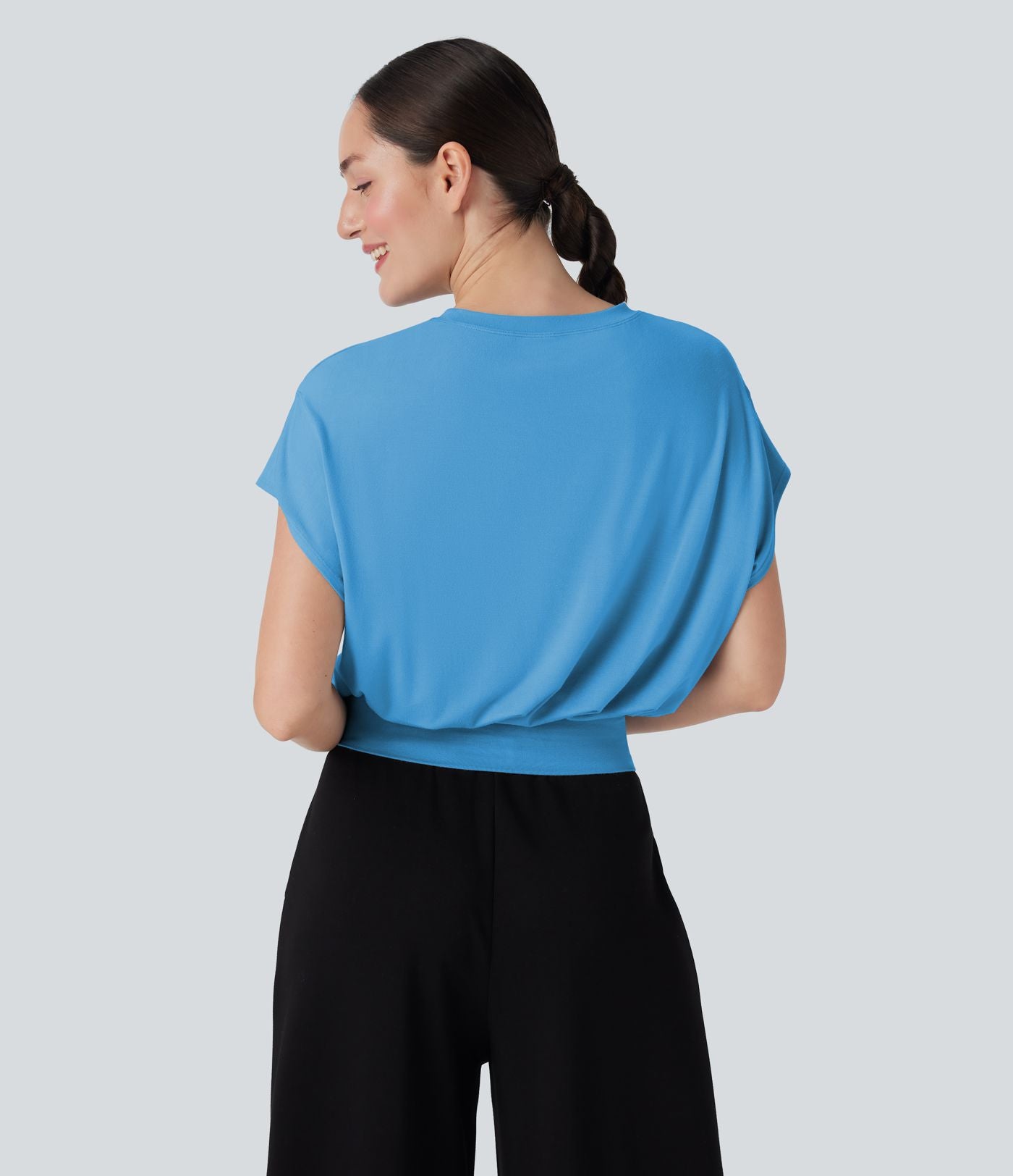 T-shirt de travail à col rond et manches chauve-souris courtes