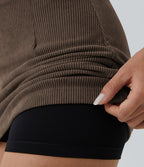 Mini-Jupe Casual en Velours Côtelé 2 en 1 Fermeture Éclair Invisible Taille Haute