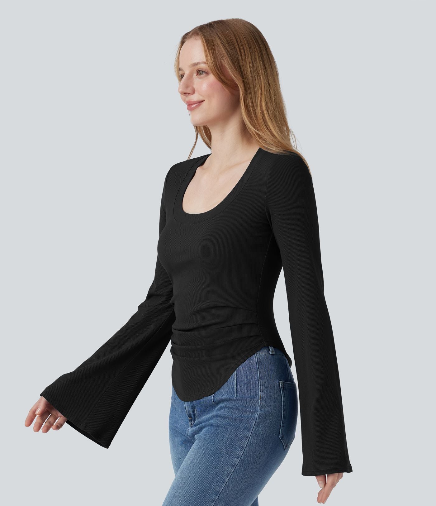 T-shirt en maille côtelée décolleté carré manches à volants froncé ourlet arrondi