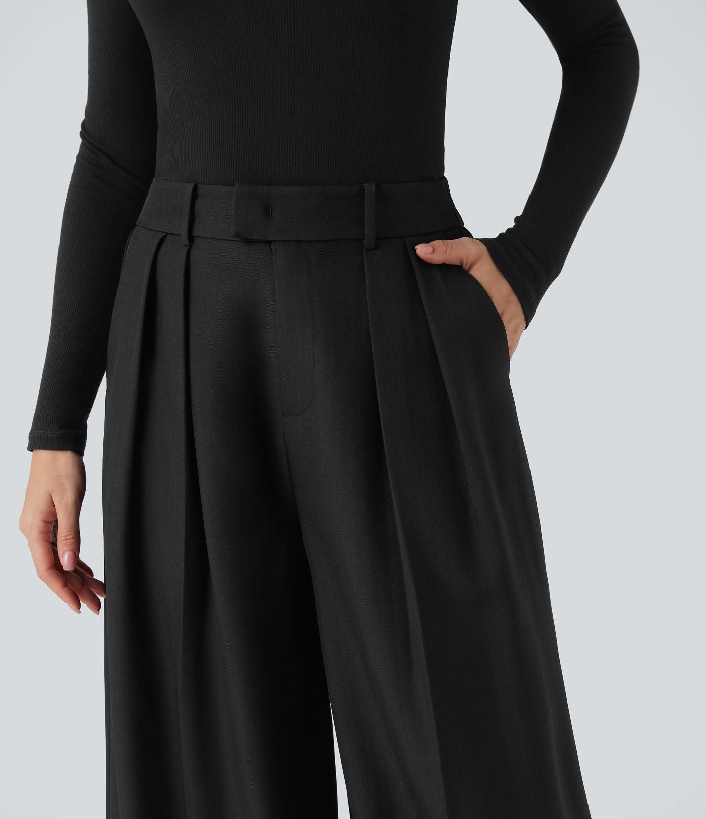 Pantalon tailleur anti-froissement aspect lin taille haute jambe large avec poches